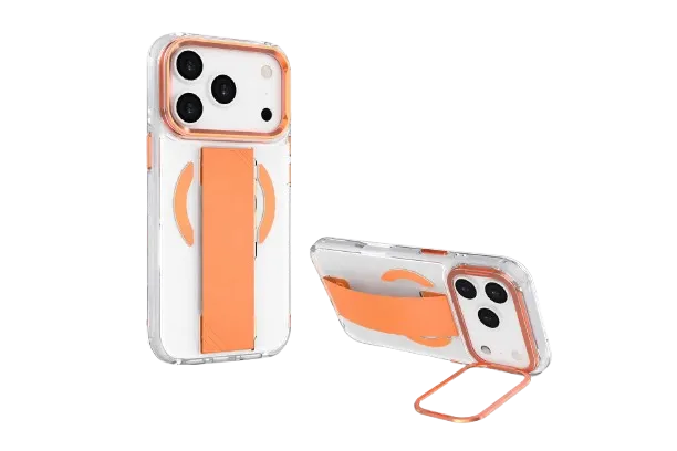 for iPhone 17 Pro Max Clear Case Grypsta with Built-in Metallic Camera Stand & Soft Grip in Orange Dual-Material Design Military Grade Drop Protection Anti-Yellowing Technlogy Fit (6.9")