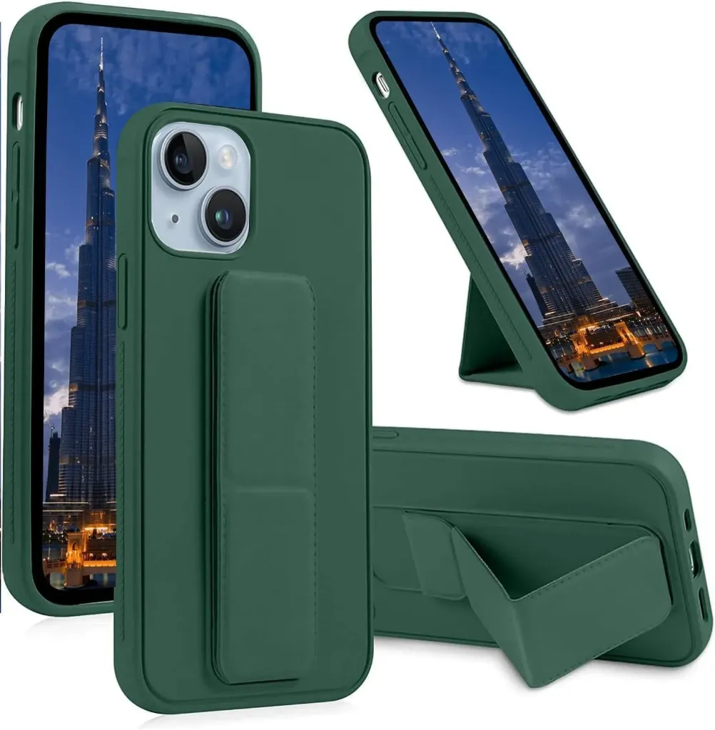 ZEGE Case compatible with Iphone 15 Back Stand Case Magnetic Car Holder Soft Silicone Case Horizontal and Vertical Kickstand Cover Wrist Strap Full protection Case (Green)