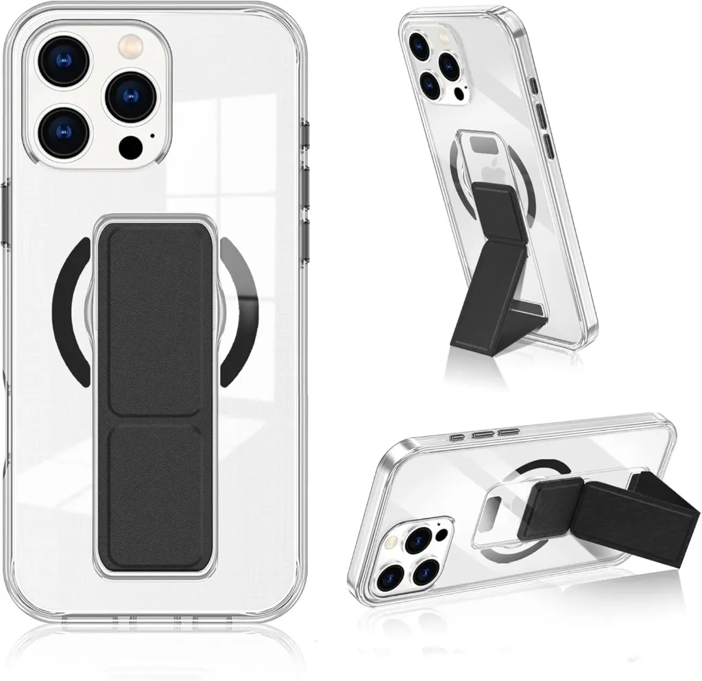 MagSafe Clear Case with Foldable Vegan Leather Kickstand 12 pro max .