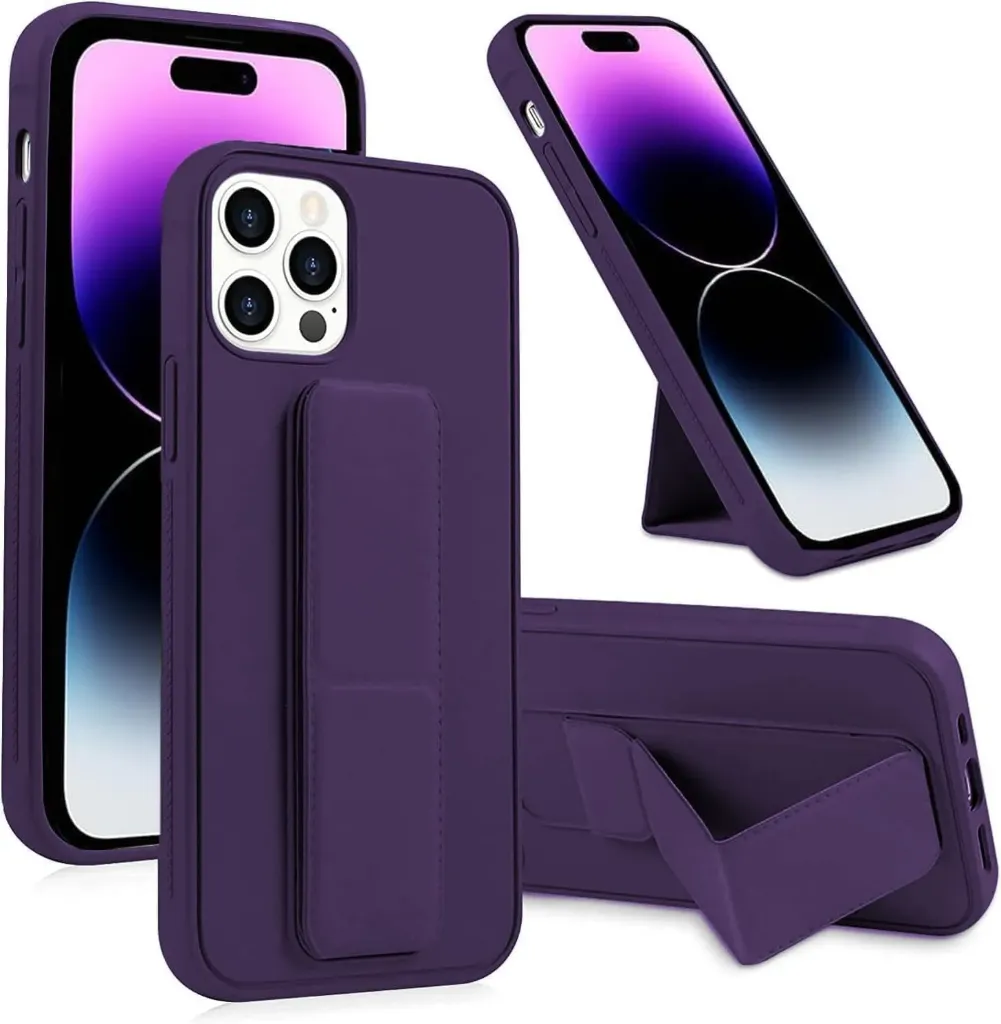 Liquid Silicone Case with Integrated Foldable Stand-Deep Purple for the iPhone 14 Pro and iPhone 15 Pro series.
