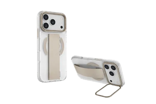 for iPhone 17 Pro Max Clear Case Grypsta with Built-in Metallic Camera Stand & Soft Grip in Titanium Gold Dual-Material Design Military Grade Drop Protection Anti-Yellowing Technlogy Fit (6.9")