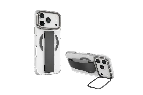 for iPhone 17 Pro Max Clear Case Grypsta with Built-in Metallic Camera Stand & Soft Grip in Graphite Dual-Material Design Military Grade Drop Protection Anti-Yellowing Technlogy Fit (6.9")